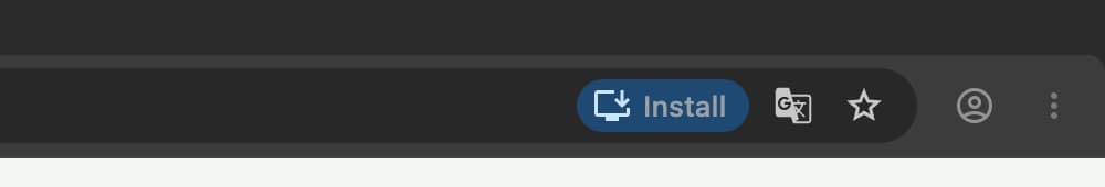 Adresný riadok Chrome s tlačidlom Install vpravo, pri hviezdičke záložiek