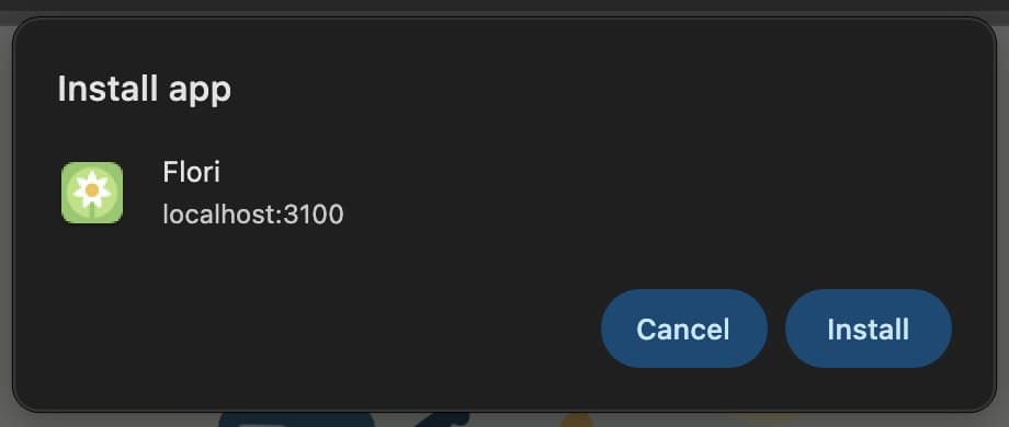 Okno Install app s názvom Flori a tlačidlami Cancel a Install