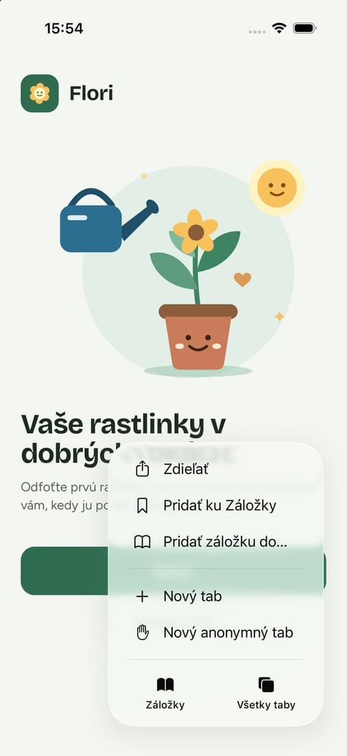 Ponuka Safari na iPhone so zobrazenou položkou Zdieľať