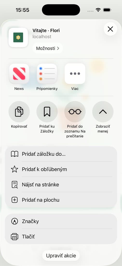 Zdieľací list Safari s položkou Pridať na plochu