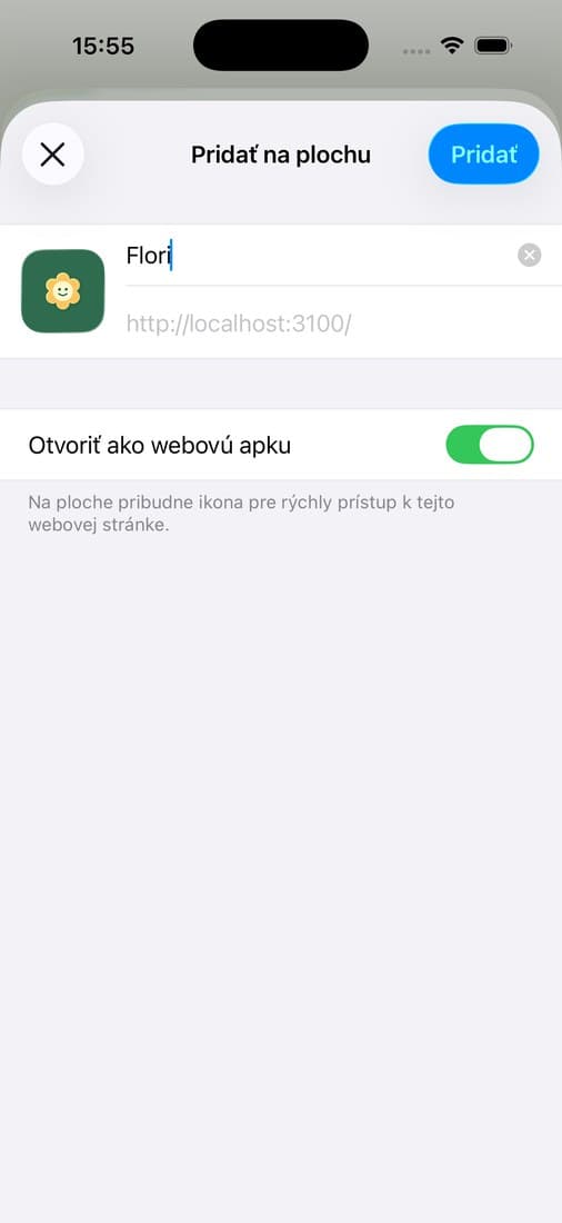Dialóg Pridať na plochu s názvom Flori a tlačidlom Pridať