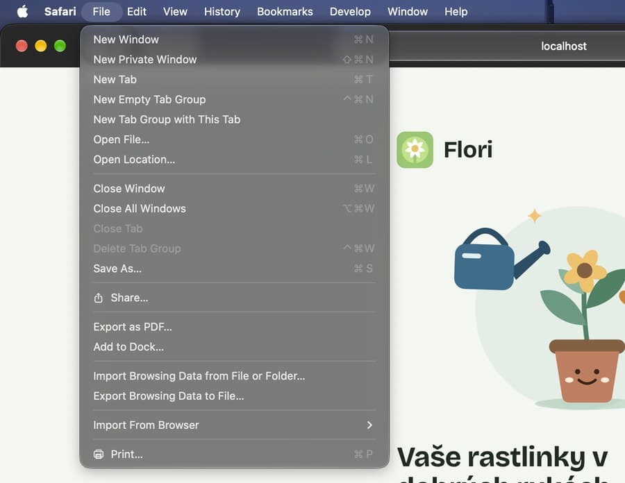 Ponuka Súbor v Safari na macOS, v ktorej je Add to Dock
